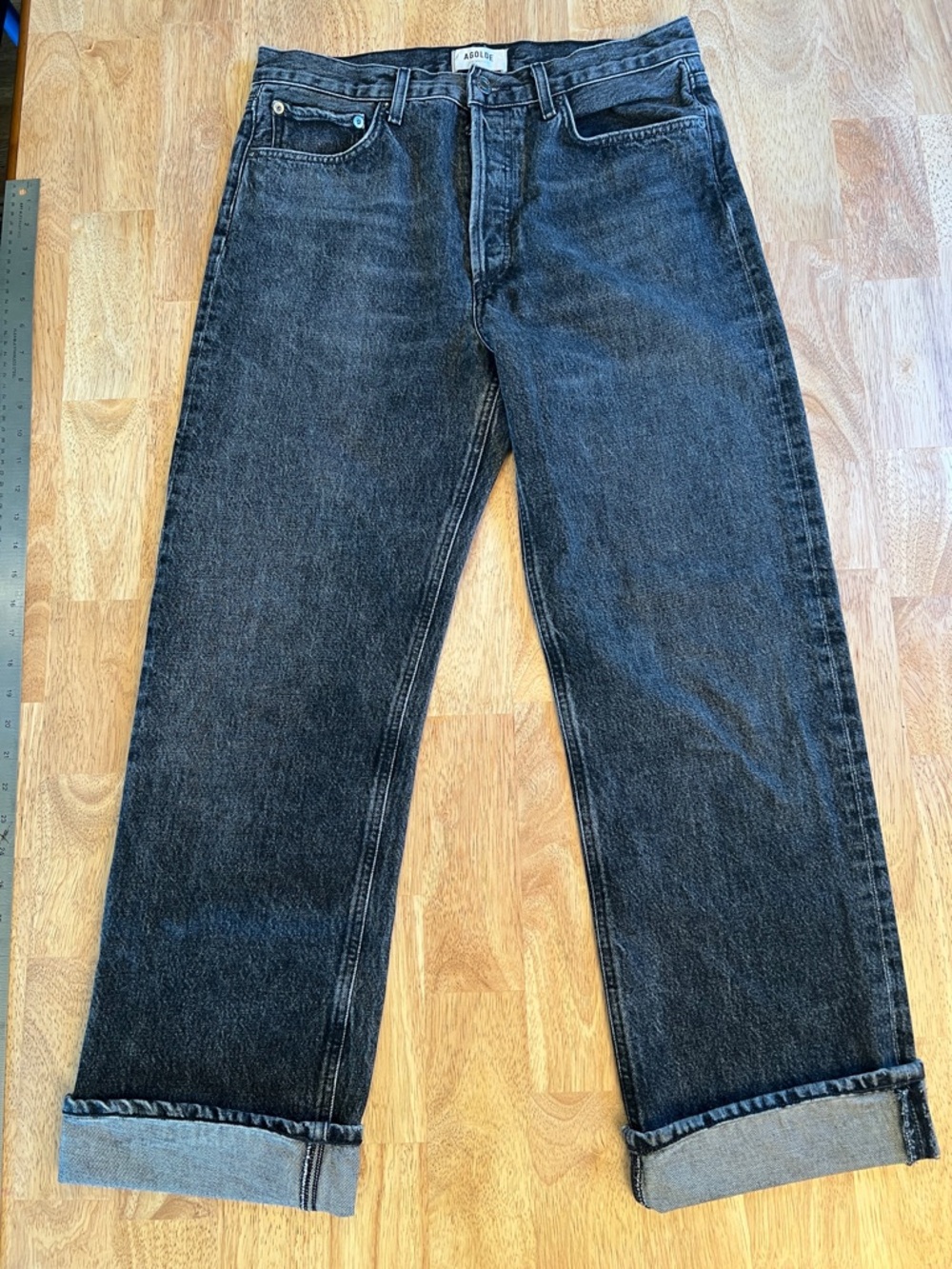 AGOLDE High Rise Wide Leg Jeans in Washed Black
